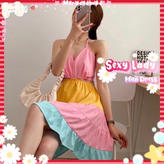 Sexy Lady Mini Dress พร้อมส่ง ชุดเที่ยวทะเล เดรสลายสายเดี่ยว 3สี เว้าช่วงเอว มินิสายเดี่ยว