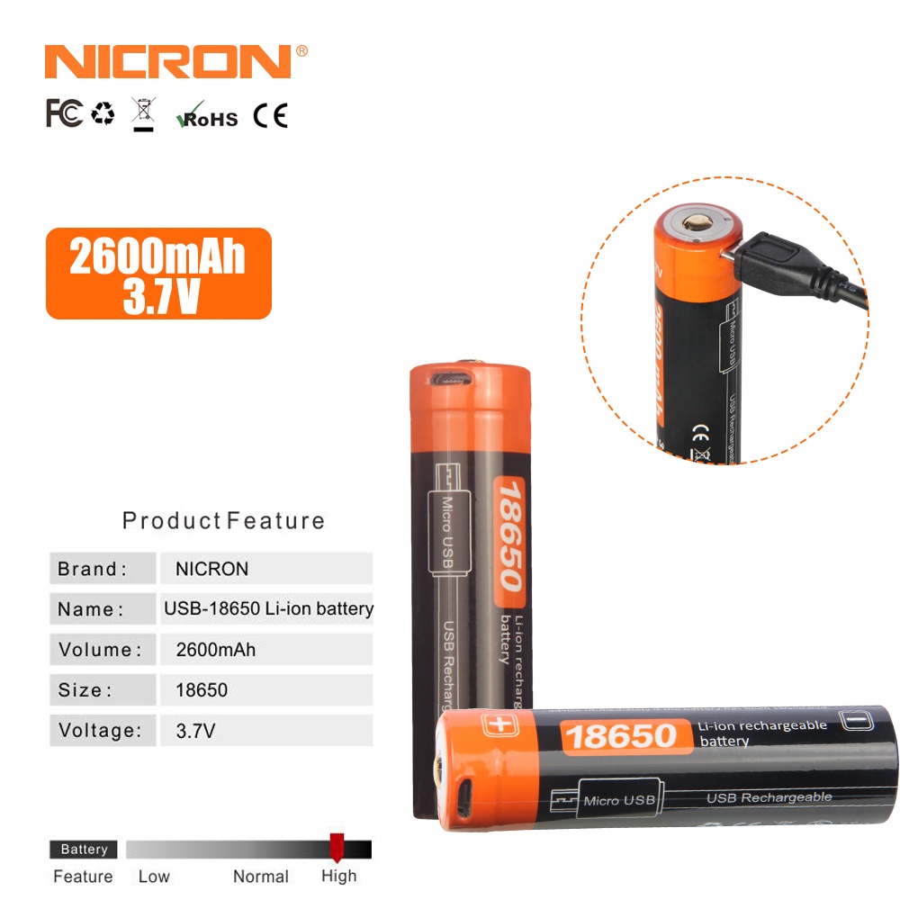 Nicron 18650 แบตเตอรี่ความจุสูง 2600mAh ใช้กับ N8/B70/B70plus/N8F/B60/H25/B71/N6/B200/F81 NRB-L2600 