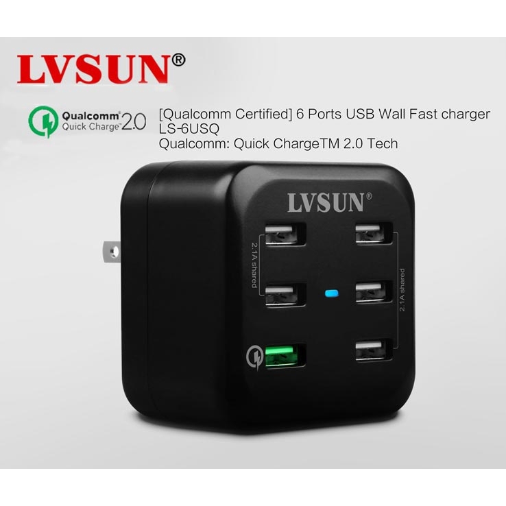 Adapter ที่ชาร์จ LVSUN 6 Ports USB Wall Fast Charger with Quick Charge 2.0 (QC 2.0) + แถมหัวปลั๊กนาน