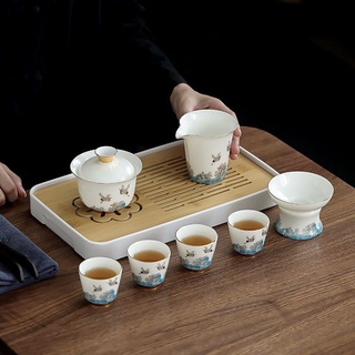 Auspicious Crane White Porcelain Covered Bowl Kung Fu Tea Set Seven Piece Set With Tea Tray Home Outdoor Travel Tea Set