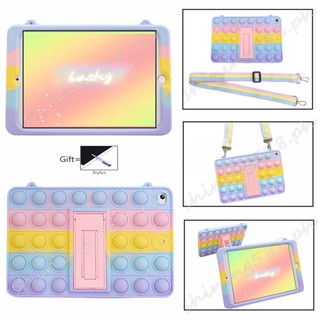 Samsung Galaxy Tab A 8.0 2019 SM-T290 T295 T297 Lanyard Rainbow Pattern Soft Silicone Case With Stand 3D Decompression Particle Shockproof Cover