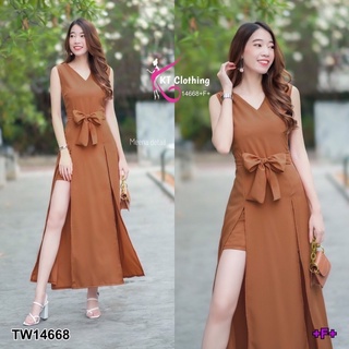 G14668 Jumpsuit จั๊มสูทสั้น คอวี แขนกุด ดีเทลผ้าผ่าด้านหน้า