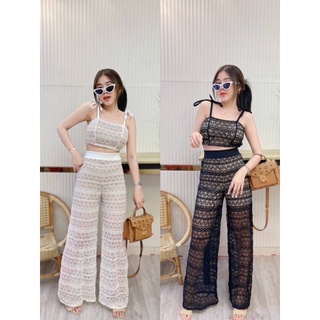 ชุดเชต2ชิ้นชุดลูกไม้เสื้อ + กางเกงชิปข้างสม็อกหลังยืด งานสวยมาก