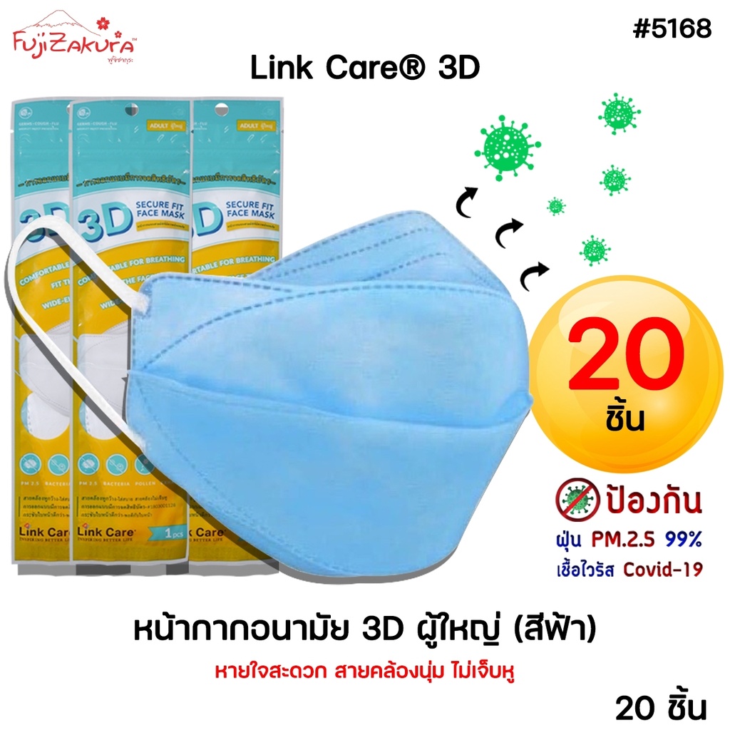 หน้ากากอนามัย 3 มิติ ผู้ใหญ่ สีฟ้า *ยกแพค 20 ชิ้น*Link Care 3d Mask หน้ากากอนามัยป้องกันไวรัสและฝุ่น