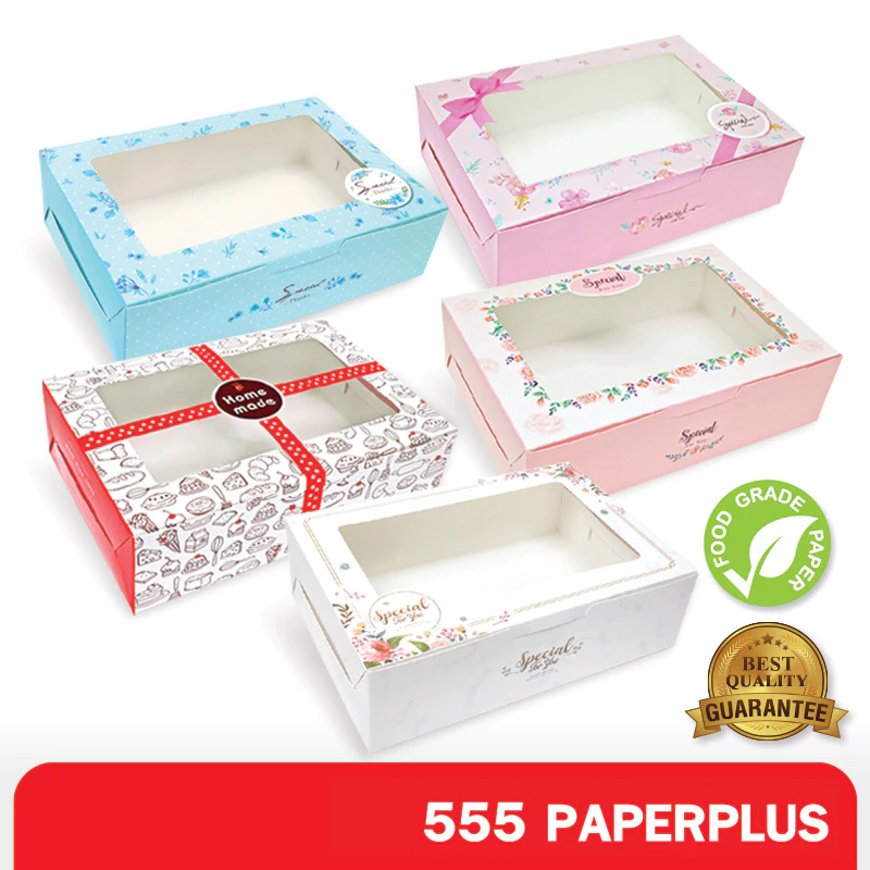 555paperplus กล่องขนมทรงแบน 22x15x6.2 ซม.(BK86W)มีหน้าต่าง (แพ็ค 20 ใบ) กล่องใส่เค้กโบราณ กล่องใส่คัพเค้ก