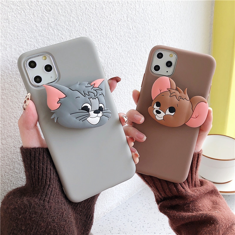 เคส Samsung A21S A02S A9 A6 2018 M51 M31 S20 FE S10 S10+ S9 S9+ S8 S8+ Note 20 Ultra 10 9 8 Plus Pro Lite 3D Cartoon Cat and Mouse Soft case cover+Stand