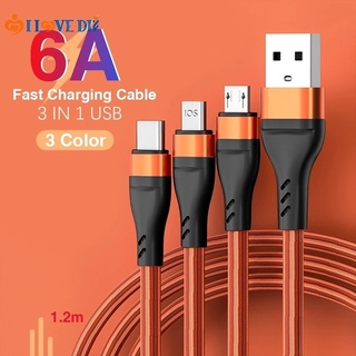 สายชาร์จเร็วมาก 6A 100W / 3 In 1 ไนลอนถัก IOS Micro USB Type-c สายเคเบิลข้อมูล สําหรับ IPhone Xiaomi Huawei Samsung โทรศัพท์ Android รุ่น