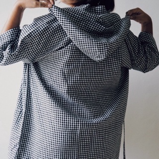 จินเบฮู้ดลายสก๊อตขาวดำ Jinbei kasa black gingham scotch