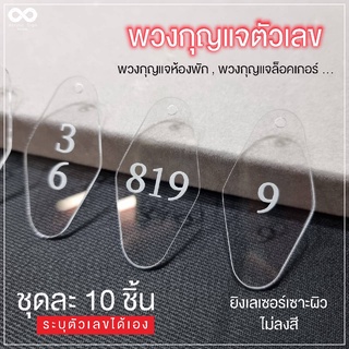 ขายเป็นชุด 10 ชิ้น เลขเรียง พวงกุญแจห้องพัก อะคริลิคใส หนา 2 มม. ระบุตัวเลขเองได้ ขนาด 3X6cm เลเซอร์แกะสลัก ไม่ลงสี