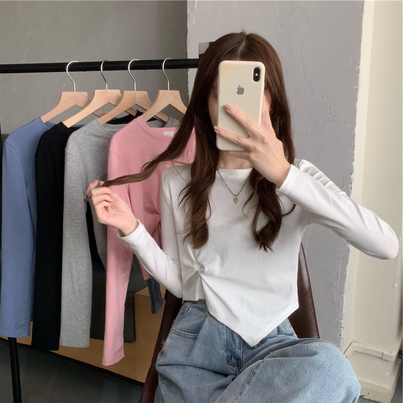 【WJZ】 ใหม่ เสื้อยืด แขนยาว สีพื้น ดีไซน์ไม่เหมือนใคร สไตล์เกาหลี【6846】