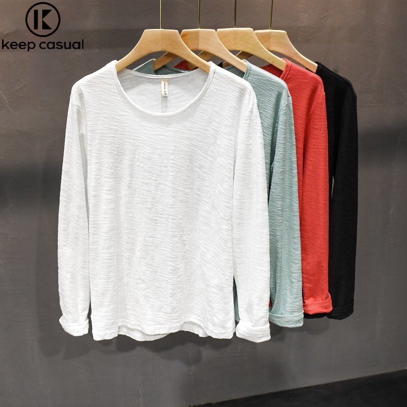 {เก็บ } ญี่ปุ่นพื้นฐานรอบคอเลื่อนผ้าฝ้ายแขนยาวเสื้อยืดผู้ชายขอบดิบสบายๆ จุดต่ําสุด เสื้อ บาง-พอดี