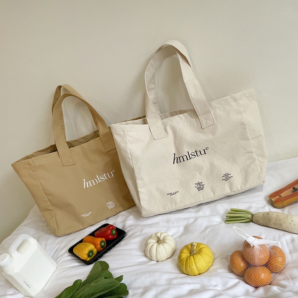 HOMELAND ♡ GROCERY BAG กระเป๋าผ้าไซส์ใหญ่พิเศษ มาพร้อมช่องใส่ของด้านใน สีครีม / สีน้ำตาลอ่อน