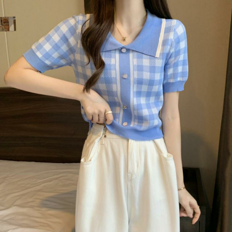 Maze🌟พร้อมส่ง🌟เสื้อคอปกลายสก็อต ดีเทลน่ารักมากๆ💖(B205) - รูปที่ 3