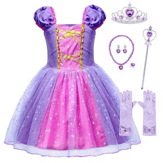 Princess dress childrens role-playing costume little girl long hair princess dress puff sleeve shiny dress up birthday party costume christmas party costume