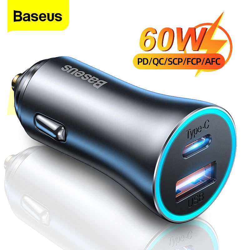Baseus ที่ชาร์จในรถยนต์ 60W USB Type C ชาร์จเร็ว QC 4.0 PD 3.0 ชาร์จเร็ว สําหรับ iPhone 13 Pro Max S