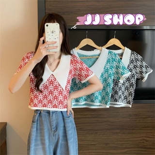 JJ Shop​💜​พร้อมส่ง ดเสื้อไหมพรมแขนสั้น คอปก ลายดอกไม่น่ารักมี3สีคิ้วๆ "B200" -C