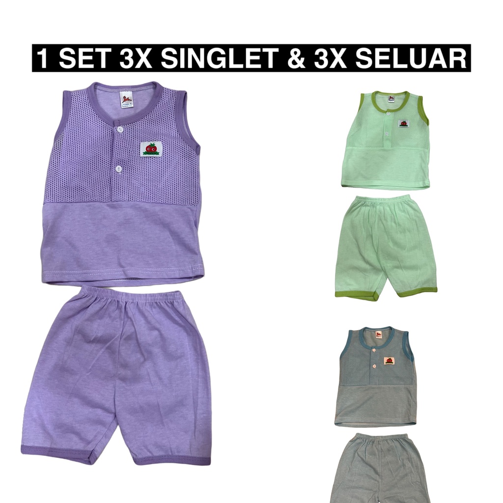 NEWBORN BABY SINGLET & PANT SET/BAJU BABY SINGLET LUBANG BAJU BYI COTTON 1 SET 3 PASANG