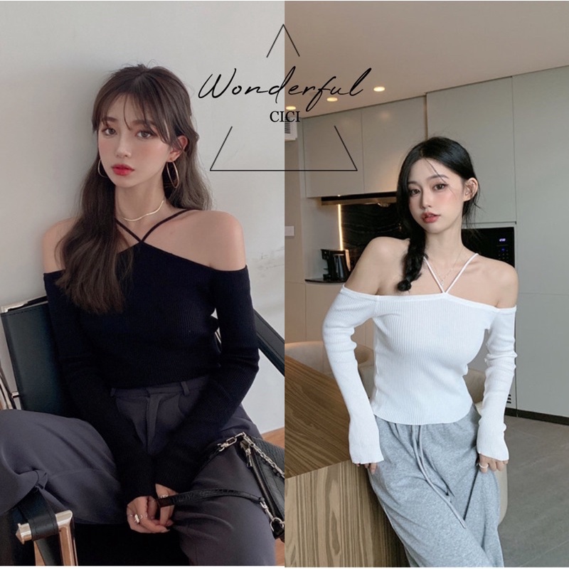 ส่งทันที Cici(11202-1)เสื้อไหมพรมแขนยาวปาดไหล่สายคล้อง เนื้อผ้าดียืดได้เยอะ ใส่แมทช์ได้หลายลุค