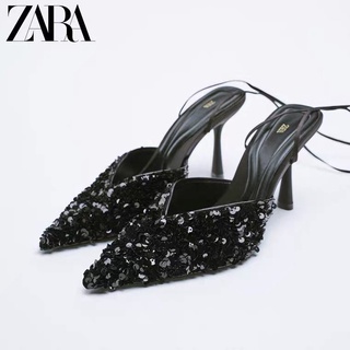 Zara ใหม่ รองเท้าแตะส้นเข็ม หัวแหลม ปักเลื่อม สีดํา หรูหรา เข้ากับทุกการแต่งกาย แฟชั่นฤดูร้อน สําหรับผู้หญิง 2022