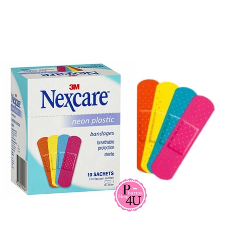 3M Nexcare Neon Plastic Bandages พลาสเตอร์ พลาสติก นีออน 1กล่อง (10ซอง/กล่อง 9ชิ้น/ซอง)#9978