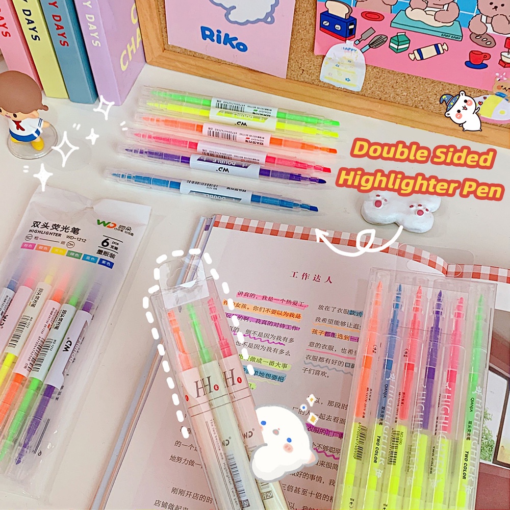 อนุญาต สองหัวเน้นชุด6สีเรืองแสงปากกาเน้นข้อความปากกามาร์กเกอร์ชุดเครื่องเขียนโรงเรียนเครื่องเขียน