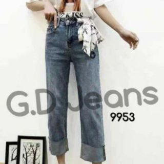 G.D.Jeans รุ่น 9953 #กางเกงยีนส์ผ้ายืดสีเข้มทรงกระบอกขาพับพร้อมพู่โบว์ข้างเอวแบบเก๋ๆ 💦💦