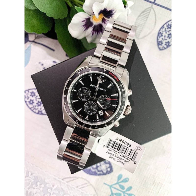 (ผ่อน0%) นาฬิกา 🍁Emporio Armani🍁 🍁Men's Chronograph Stainless Steel Watch AR6098 หน้าปัดเงิน 44 mm