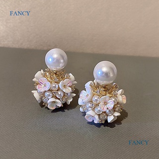 Fancy ต่างหูเข็มเงิน 925 ประดับเพทาย มุก ดอกไม้ สไตล์ฝรั่งเศส เรโทร