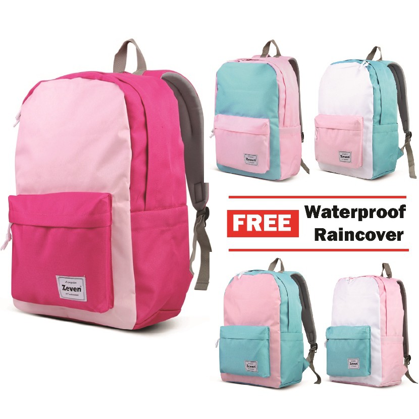 Zeven School Laptop Backpack - ชมพู ฟ้า ขาว (ฟรี ผ้าคลุมกันฝน)