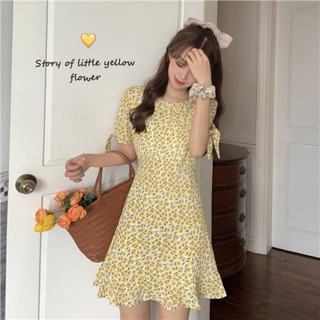 🌼 Sunshine flower dress ชุดเดรสสั้น ลายดอกไม้สีเหลือง ผูกปลายเเขน มีซับใน 🌈