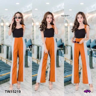 TW15219Jumpsuit จั้มสูท แขนกุด ขายาว อกเว้า งานแต่งผ้าตัดต่อสลับสี เก๋ๆ งานน่ารัก ผ้าซาร่าเนื้อดี สายไหล่ติดดอกเลื่อม