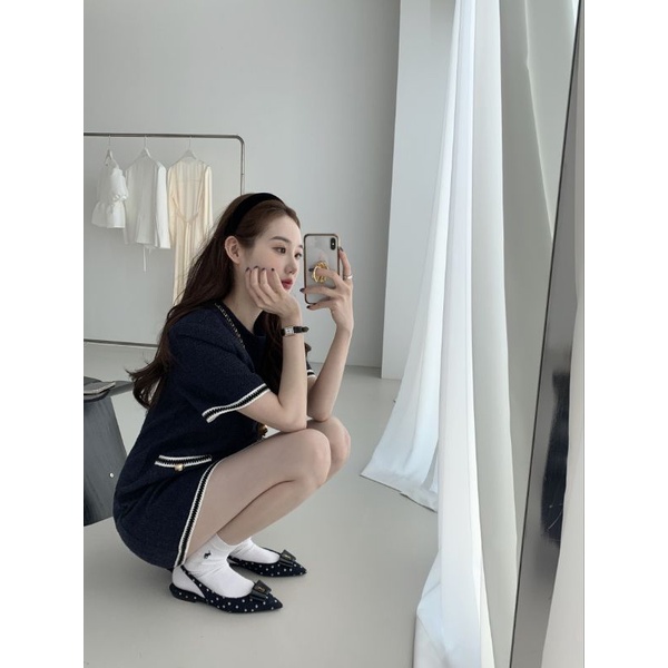 พร้อมส่ง2สี กรมท่าเข้ม ,ฟ้า เดรสสั้นผ้าทอ เดรสทำงาน D056 - รูปที่ 7