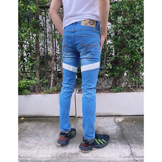 JXP Skinny LightBlue Denim กางเกงยีนส์สกินนี่ชายสีบลูฟอกซีด สะกิดขาด คาดหนังขาว Size 28-36 รับชำระปลายทาง