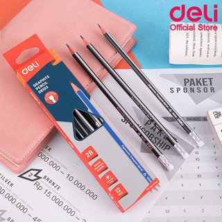 ดินสอไม้ 2B ทรง 3 เหลี่ยม Deli U58103 Graphite Pencil แพ็ค 12 แท่ง