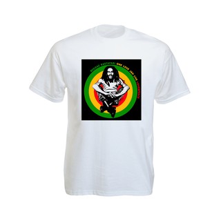 เสื้อยืดราสต้าTee-Shirt One Love and Peace Jah Live Bob Marley เสื้อยืดคอกลมสีขาวสกรีนลาย Bob Marley นั่งกอดเข่า