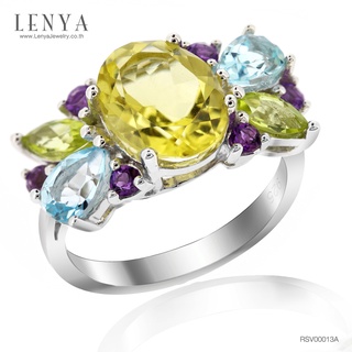 Lenya Jewelry แหวนเลมอนควอตซ์ ประดับบลูโทปาซ เพอริดอท และอเมทิสต์ ตัวเรือนเงิแท้ชุบทองคำขาว