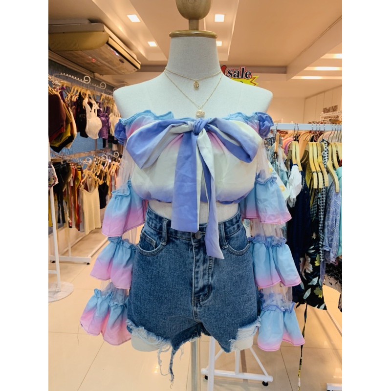 F53 เสื้อปาดไหล่สีเรนโบว์ ผูกโบว์แขน 3 ชั้น S M L