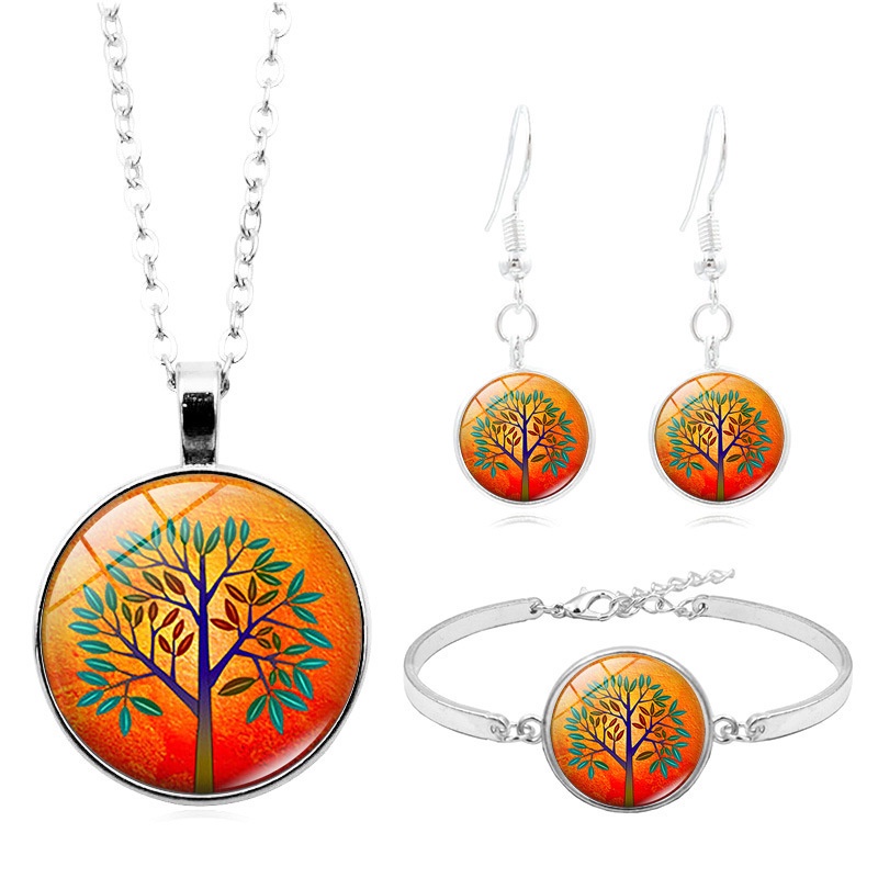 LE Charm Tree Of Life Cabochon แก้วจี้สร้อยคอสร้อยข้อมือกําไลข้อมือต่างหูชุดเครื่องประดับ 4 ชิ้นเครื
