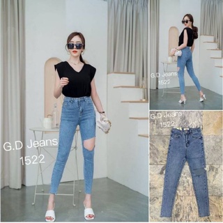 G.D.Jeans รุ่น 1522#กางเกงยีนส์ขาแปดสวนผ้ายืดทรงเดฟสีฟอกแต่งขาด