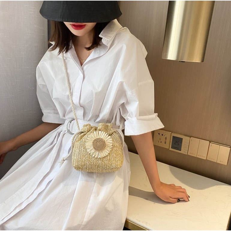 ใหม่ล่าสุด HOT HIMAWARI WOMENS CANVAS SLING BAG HAND BAG BUCKET DRAWSTRING KNITTED WOVEN