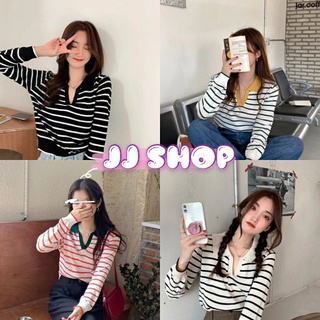 JJ Shop💜พร้อมส่ง เสื้อคอปกไหมพรมแขนยาว แหวกลึก ลายทางน่ารักมาก "81018-1/81018-2" -N