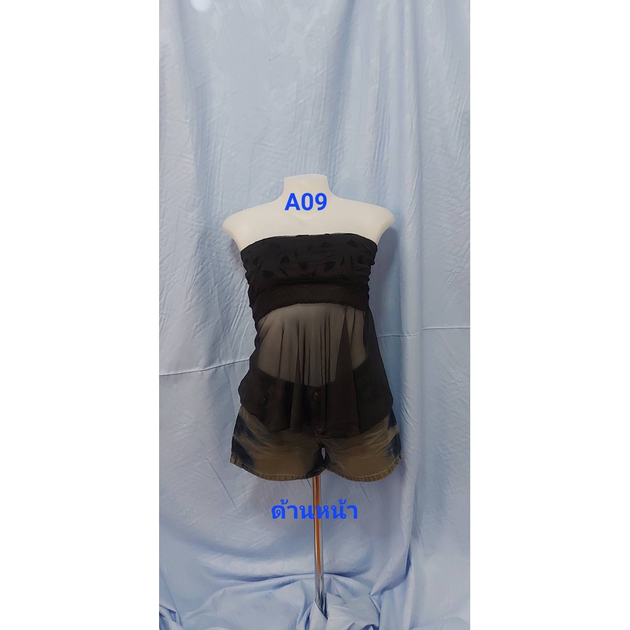 A09 เสื้อเกาะอกผ้ายืดสีดำ ล่างผ้าตาข่ายซีทรู