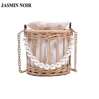 JASMIN NOIR เพิร์ลจับสตรีทอมือกระเป๋าฟางหวายกระเป๋าสะพายขนาดเล็กกระเป๋าชายหาด