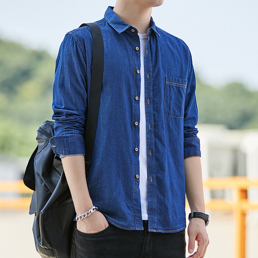 เสื้อเชิ้ตยีนส์เดนิมสําหรับผู้ชายผ้าฝ้ายแขนยาวทรงสลิม
