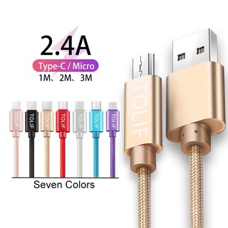 Tolif สายชาร์จไนล่อนถัก 1 เมตร 2 เมตร 3 เมตร Micro USB Type C 2.4A ชาร์จเร็ว แข็งแรง ทนทาน สําหรับ Huawei P40 P30 P20 P10 P9 Mate40 Mate30 Mate20 Mate10 Mate9 Y6 Y7 A5S Y9a Y8P Y5P Y6P Y7P Y8S Y9S Y6S Nova Pro