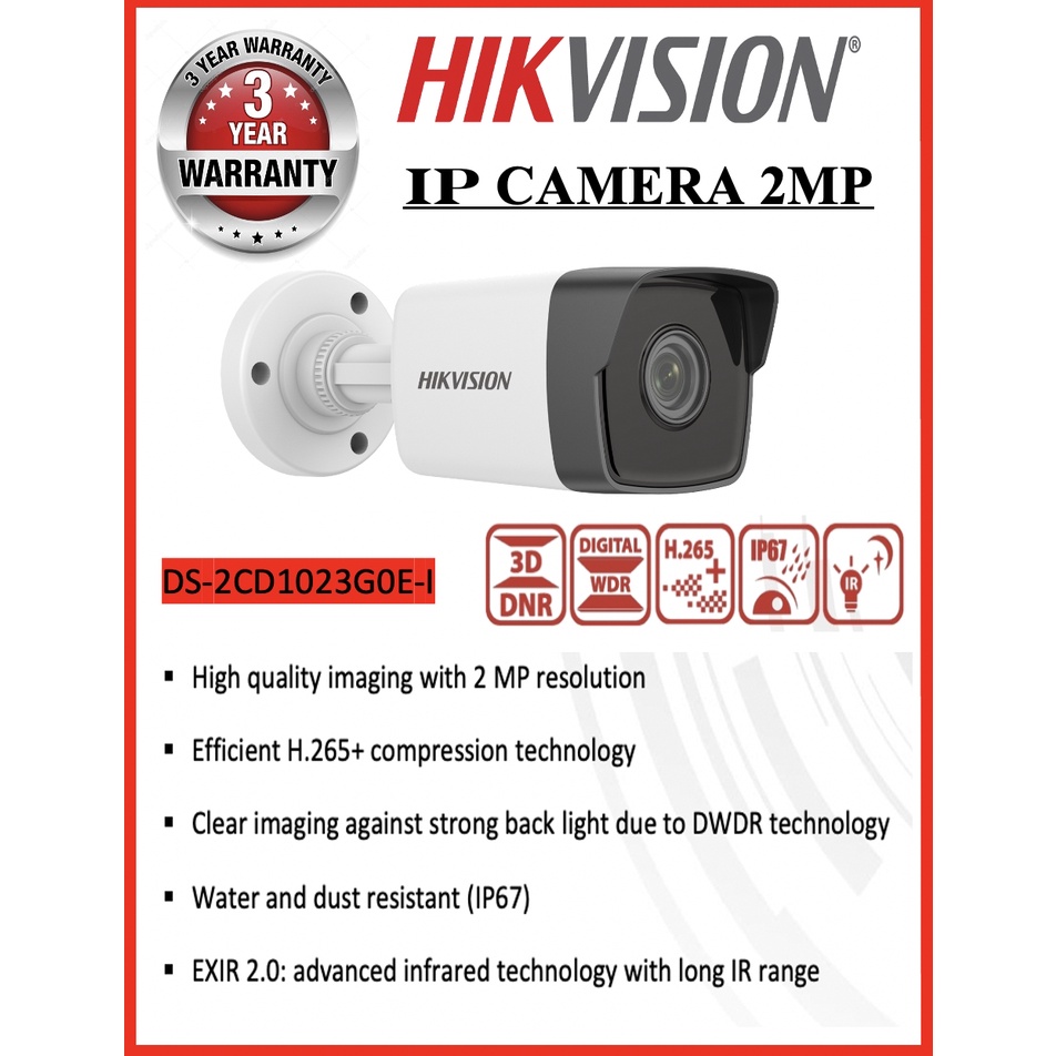 Hikvision IP ราคาถูก 2MP รุ่น  DS-2CD1023G0E-I (2.8mm) , 2MP H.265 H.265+ IR30m Digital WDR IP6 รับป