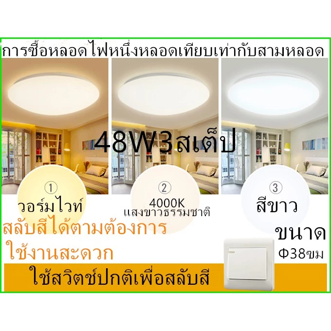 โคมไฟติดเพดานทรงกลม LED 24วัตต์36วัตต์ 48WไฟขนมปังLED ขาวบริสุทธิ์ แสงสีขาว สีวอร์มติดตั้งในห้องนอนการศึกษาระเบียง