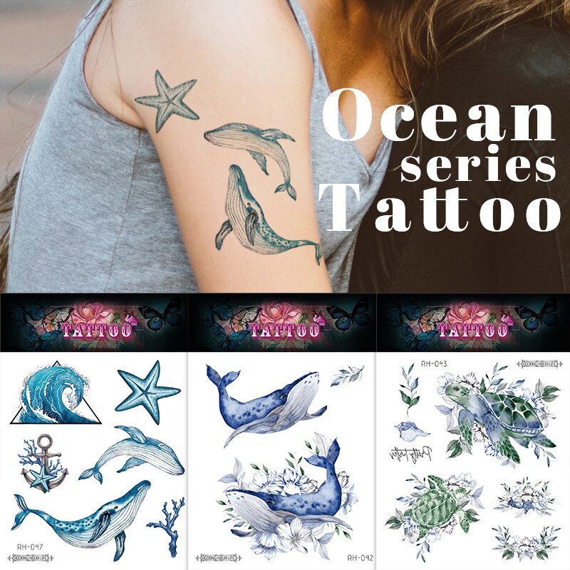 รอยสักแฟชั่นชั่วคราว ocean sea girls kids tattoo sticker whale สไตล์ฤดูร้อนกันน้ํารอยสักชั่วคราวสําหรับเด็กเด็ก