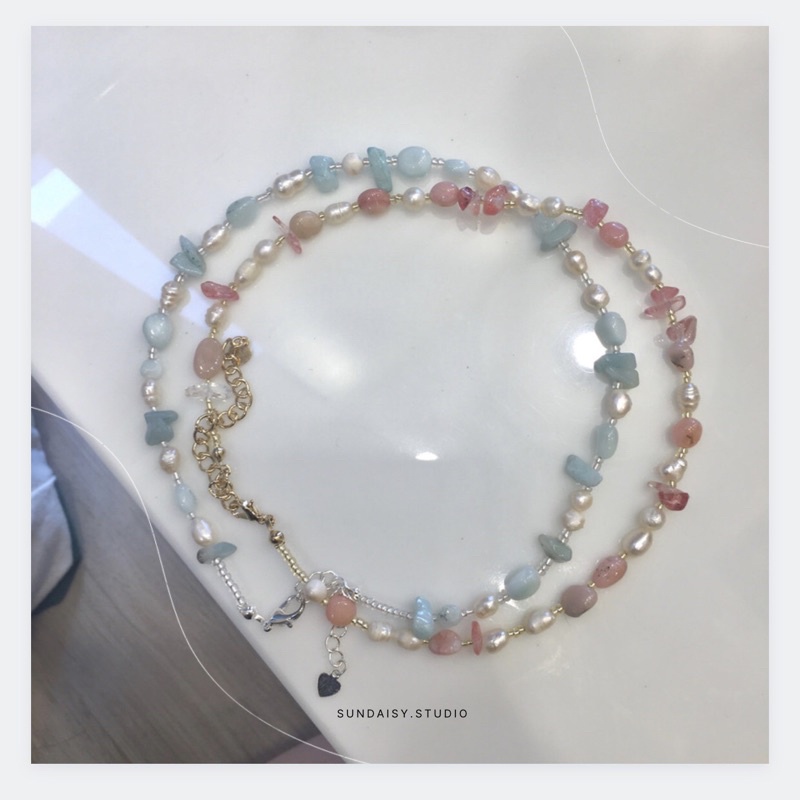 พร้อมส่ง 💖 aquamarine & pink opal lucky stone&pearl necklace