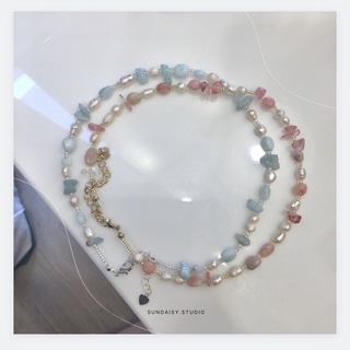 พร้อมส่ง 💖 aquamarine &amp; pink opal lucky stone&amp;pearl necklace